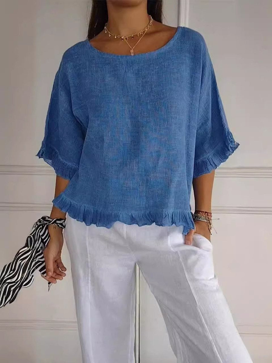 Scarlett | Women's Relaxed-Fit Frayed-Hem Linen-Look Short-Sleeve Blue