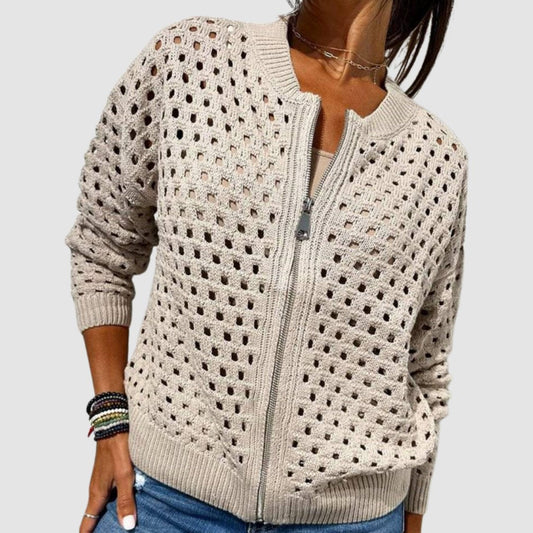 Luna | Women's Relaxed-Fit Hollow-Knit Zip-Up Cardigan Beige