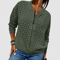 Luna | Women's Relaxed-Fit Hollow-Knit Zip-Up Cardigan Green