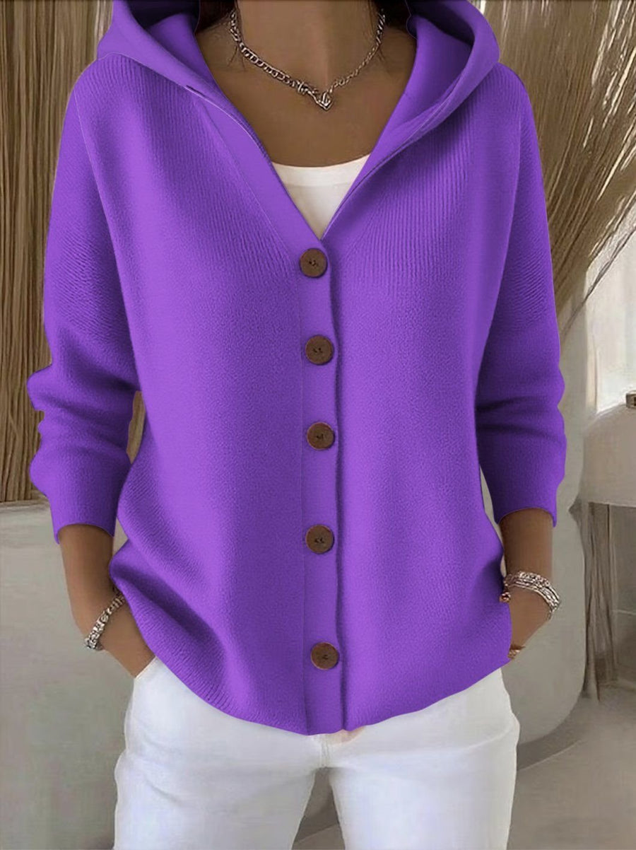 Mia | Women's Relaxed-Fit Hooded Button-Front Knit Cardigan Purple