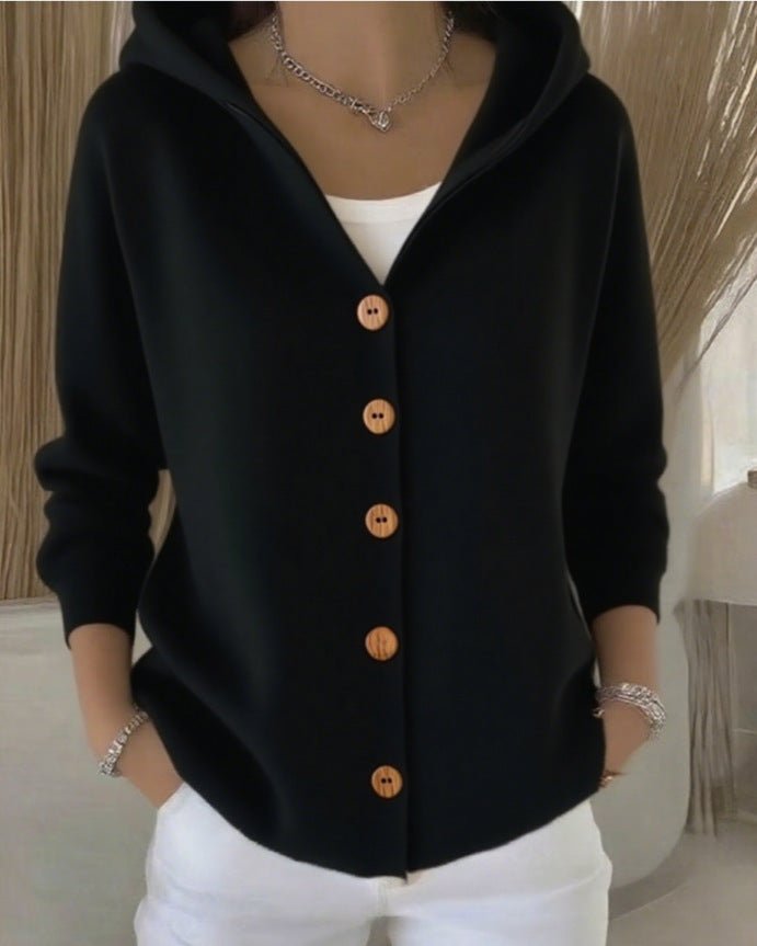Mia | Women's Relaxed-Fit Hooded Button-Front Knit Cardigan Black
