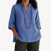 Victoria | Women's Relaxed-Fit Linen 3/4 Sleeve V-Neck Tunic Blouse Blue