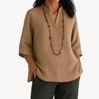 Victoria | Women's Relaxed-Fit Linen 3/4 Sleeve V-Neck Tunic Blouse Brown