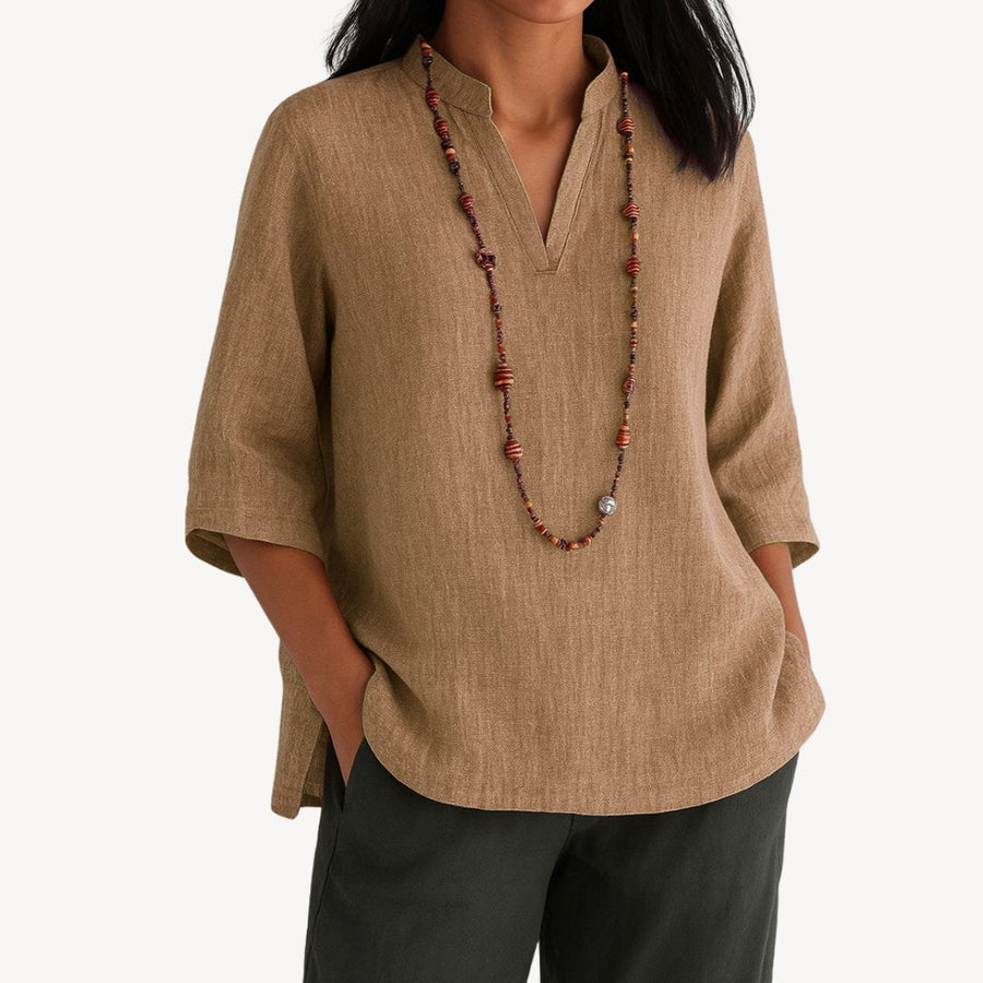 Victoria | Women's Relaxed-Fit Linen 3/4 Sleeve V-Neck Tunic Blouse Brown