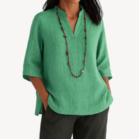 Victoria | Women's Relaxed-Fit Linen 3/4 Sleeve V-Neck Tunic Blouse Green