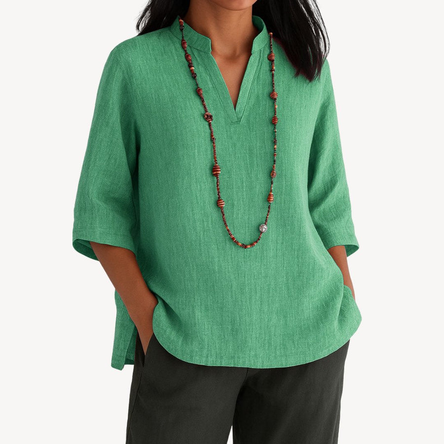 Victoria | Women's Relaxed-Fit Linen 3/4 Sleeve V-Neck Tunic Blouse Green