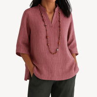 Victoria | Women's Relaxed-Fit Linen 3/4 Sleeve V-Neck Tunic Blouse Pink