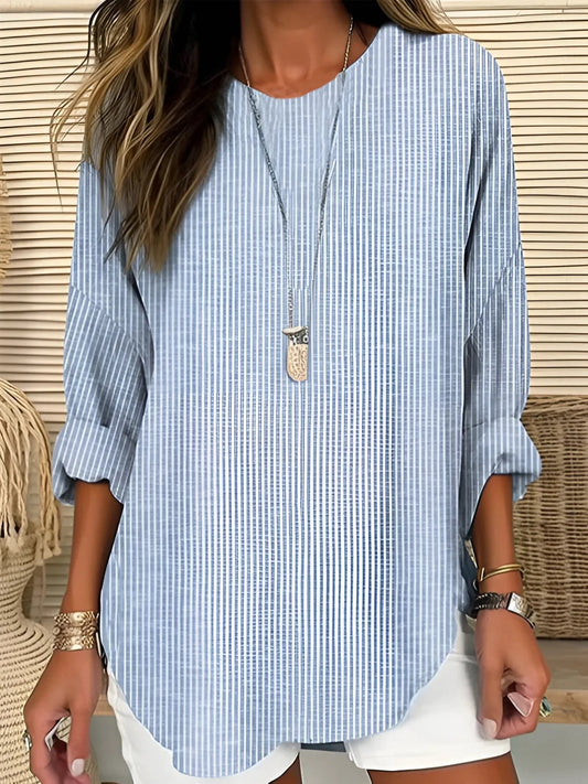 Camila | Women's Relaxed-Fit Long-Sleeve Striped Crew Neck Blouse Blue