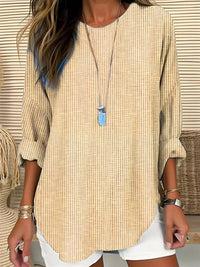 Camila | Women's Relaxed-Fit Long-Sleeve Striped Crew Neck Blouse Khaki