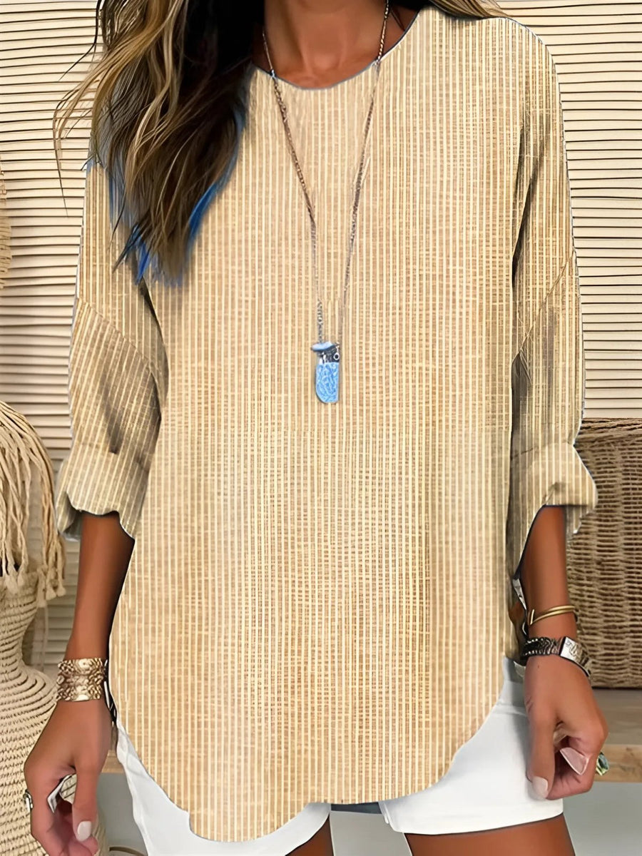Camila | Women's Relaxed-Fit Long-Sleeve Striped Crew Neck Blouse Khaki