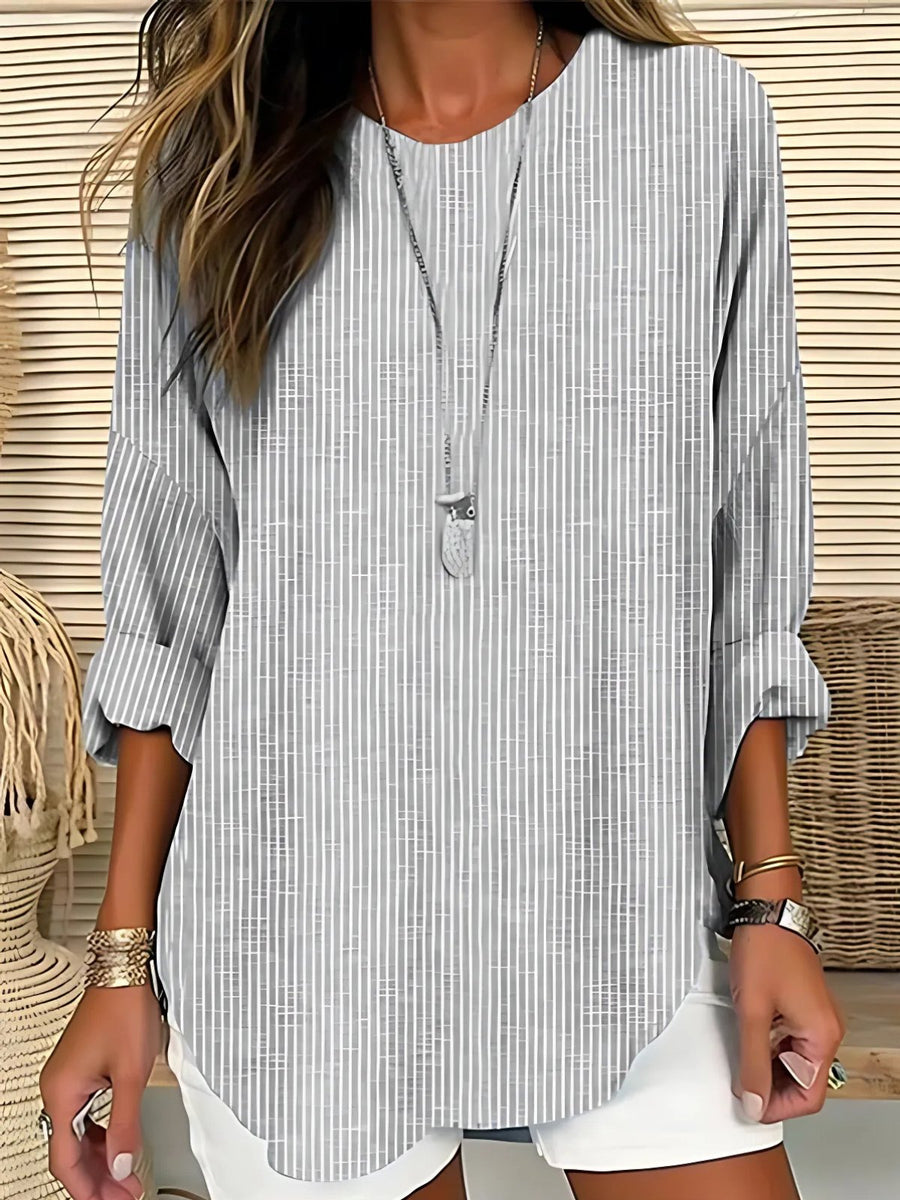Camila | Women's Relaxed-Fit Long-Sleeve Striped Crew Neck Blouse Grey