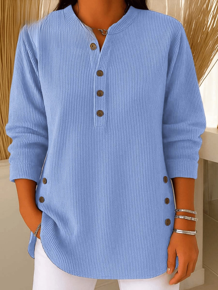 Camila | Women's Relaxed-Fit Longline Henley Ribbed Tunic Top Blue