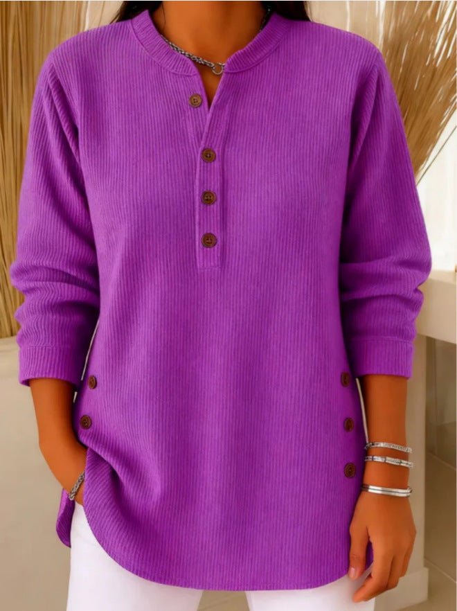 Camila | Women's Relaxed-Fit Longline Henley Ribbed Tunic Top Purple
