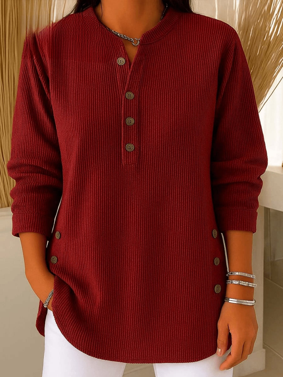 Camila | Women's Relaxed-Fit Longline Henley Ribbed Tunic Top Burgundy