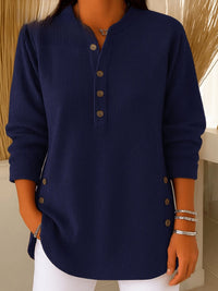 Camila | Women's Relaxed-Fit Longline Henley Ribbed Tunic Top Navy Blue