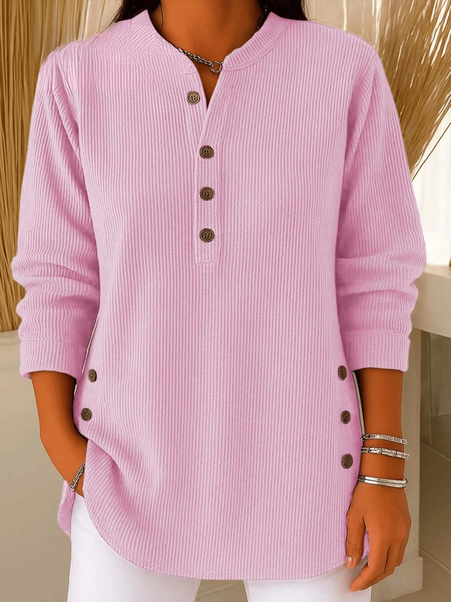 Camila | Women's Relaxed-Fit Longline Henley Ribbed Tunic Top Pink