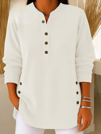 Camila | Women's Relaxed-Fit Longline Henley Ribbed Tunic Top White