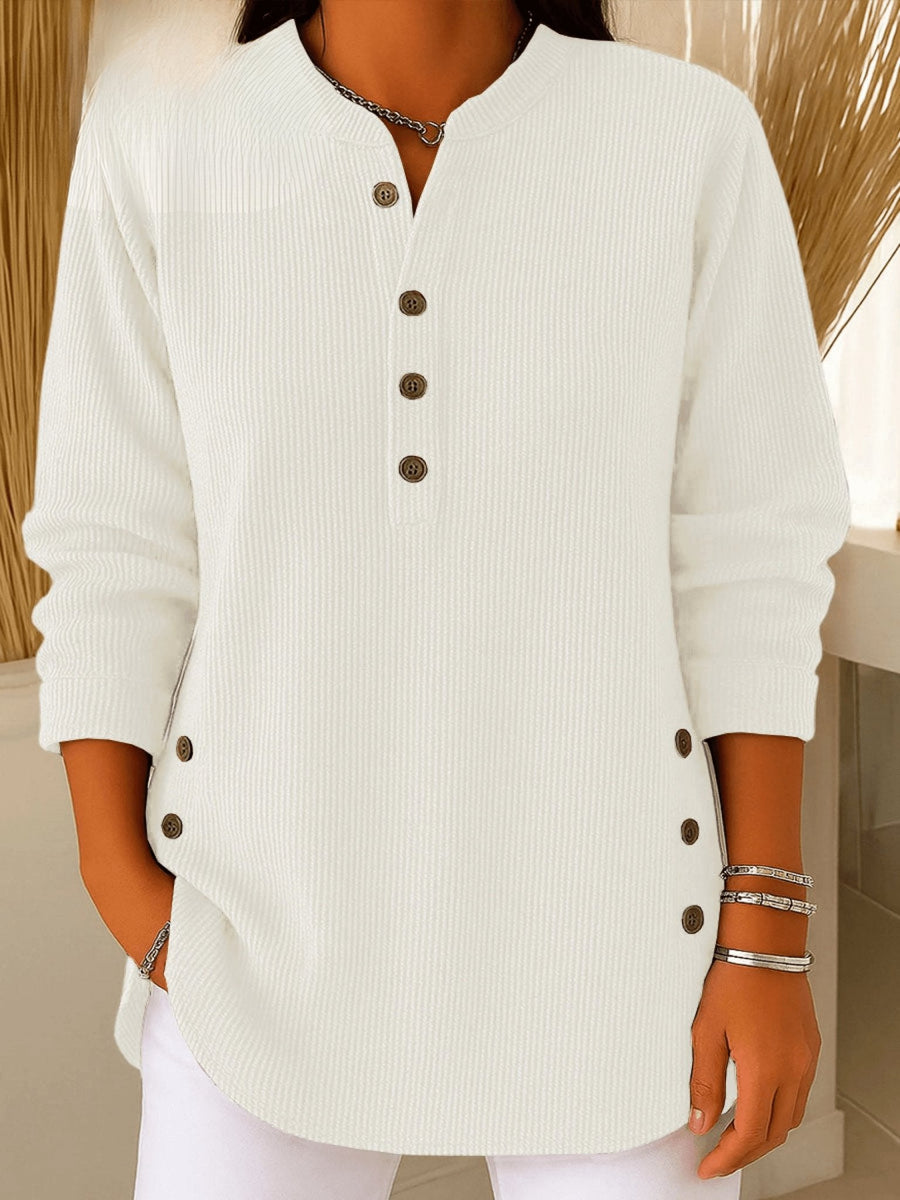 Camila | Women's Relaxed-Fit Longline Henley Ribbed Tunic Top White