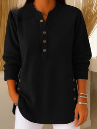 Camila | Women's Relaxed-Fit Longline Henley Ribbed Tunic Top Black