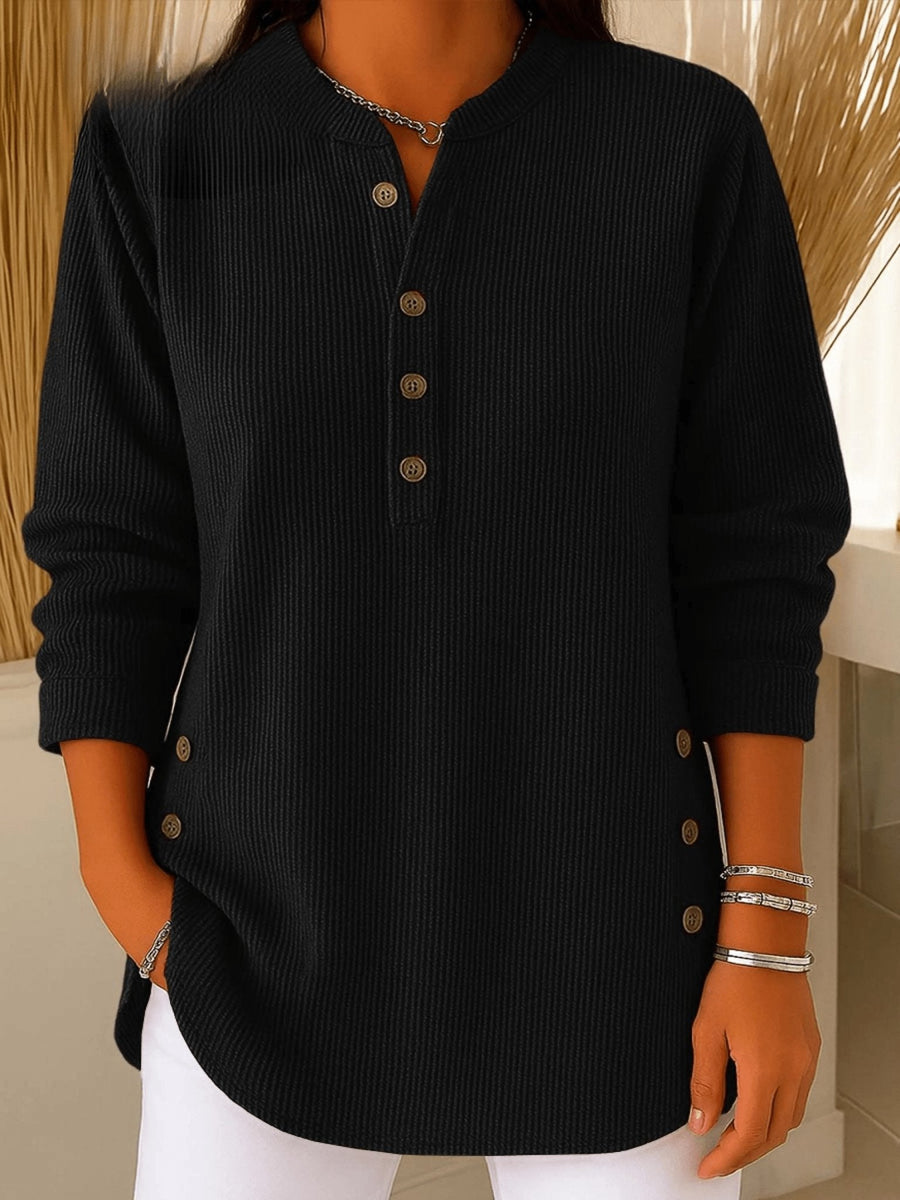 Camila | Women's Relaxed-Fit Longline Henley Ribbed Tunic Top Black