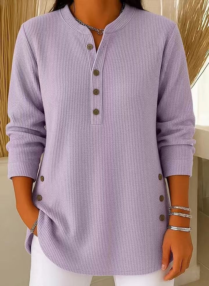 Camila | Women's Relaxed-Fit Longline Henley Ribbed Tunic Top Lavender