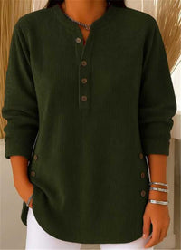 Camila | Women's Relaxed-Fit Longline Henley Ribbed Tunic Top Dark Green