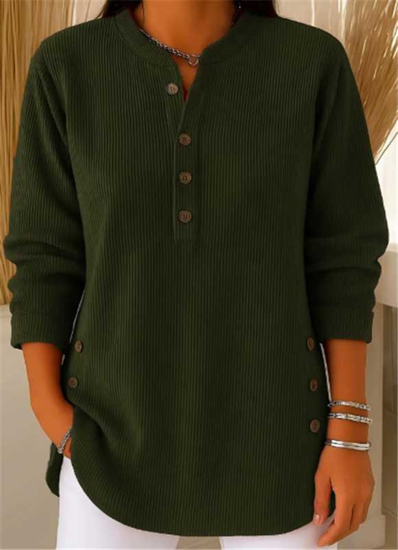 Camila | Women's Relaxed-Fit Longline Henley Ribbed Tunic Top Dark Green