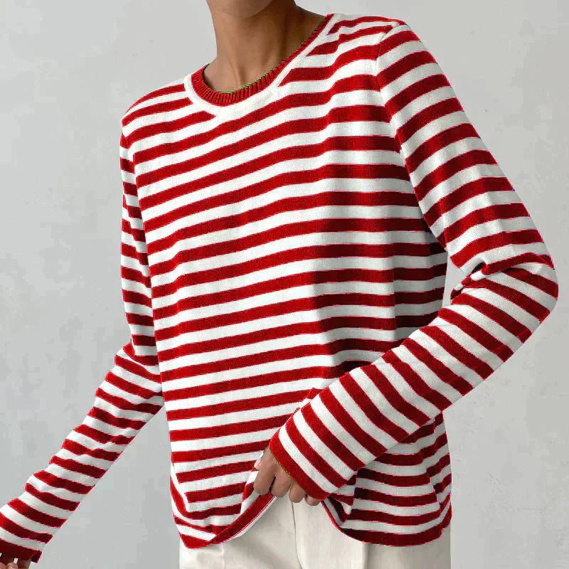 Evelyn | Women's Relaxed-Fit Nautical Striped Long Sleeve Sweater Red