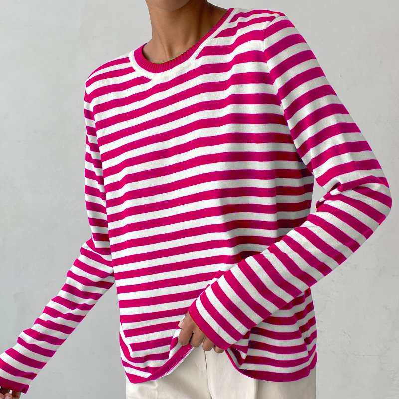 Evelyn | Women's Relaxed-Fit Nautical Striped Long Sleeve Sweater Pink