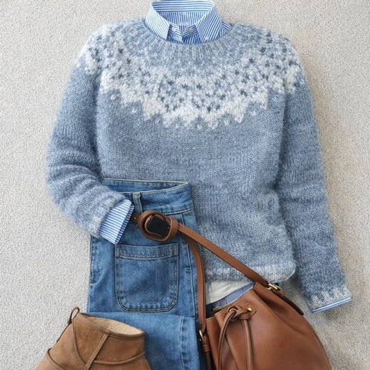 Mia | Women's Relaxed-Fit Nordic Fair Isle Knit Crewneck Sweater Blue