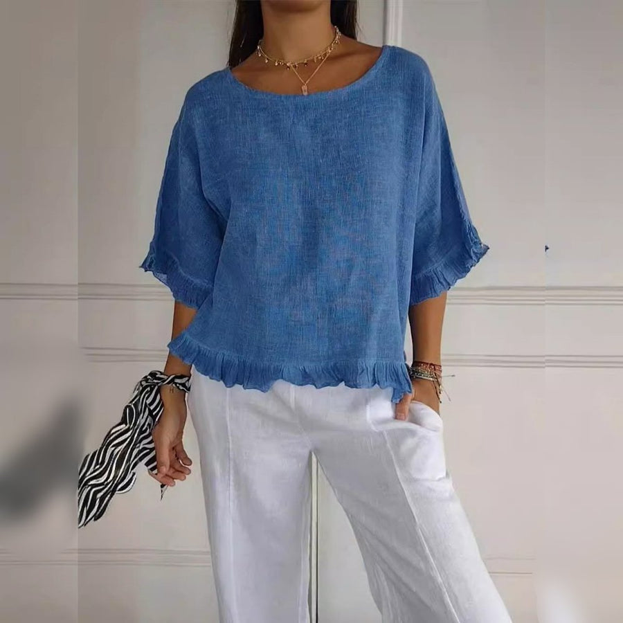 Aria | Women's Relaxed-Fit Ruffle-Hem Linen Blouse Blue