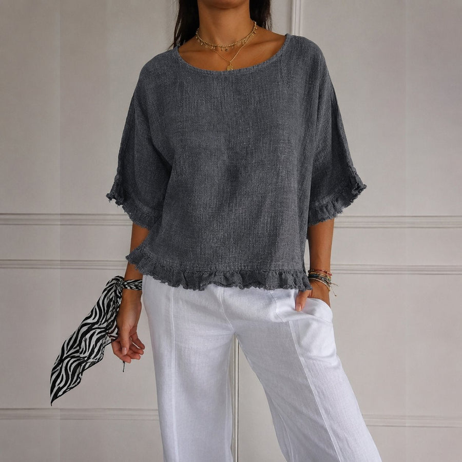 Aria | Women's Relaxed-Fit Ruffle-Hem Linen Blouse Grey
