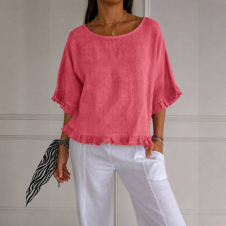 Aria | Women's Relaxed-Fit Ruffle-Hem Linen Blouse Pink