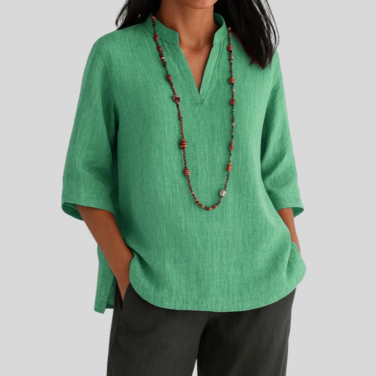 Harper | Women's Relaxed-Fit V-Neck 3/4 Sleeve Linen Tunic Green