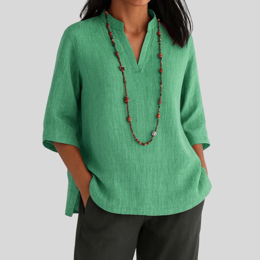 Harper | Women's Relaxed-Fit V-Neck 3/4 Sleeve Linen Tunic Green
