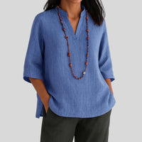 Harper | Women's Relaxed-Fit V-Neck 3/4 Sleeve Linen Tunic Blue