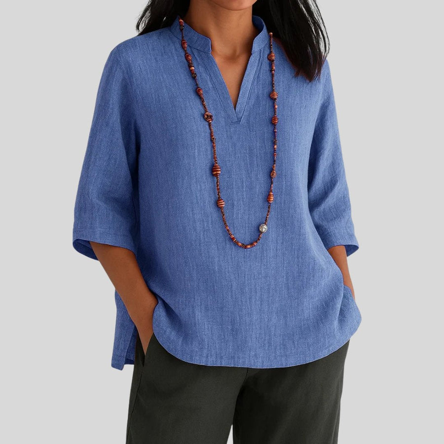 Harper | Women's Relaxed-Fit V-Neck 3/4 Sleeve Linen Tunic Blue