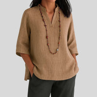 Harper | Women's Relaxed-Fit V-Neck 3/4 Sleeve Linen Tunic Brown