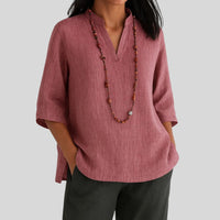 Harper | Women's Relaxed-Fit V-Neck 3/4 Sleeve Linen Tunic Red