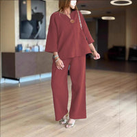 Grace | Women's Relaxed Linen-Look 3/4 Sleeve Tunic Wide-Leg Pants Set Bordeaux