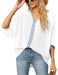 Scarlett | Women's Relaxed V-Neck Geometric Trim Oversized Tunic Top White