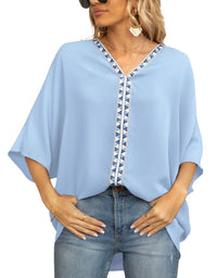 Scarlett | Women's Relaxed V-Neck Geometric Trim Oversized Tunic Top Light  Blue