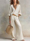 Harper | Women's Relaxed V-Neck Linen Two-Piece Wide Leg Pants Set