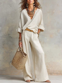 Harper | Women's Relaxed V-Neck Linen Two-Piece Wide Leg Pants Set White