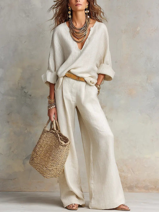 Harper | Women's Relaxed V-Neck Linen Two-Piece Wide Leg Pants Set White