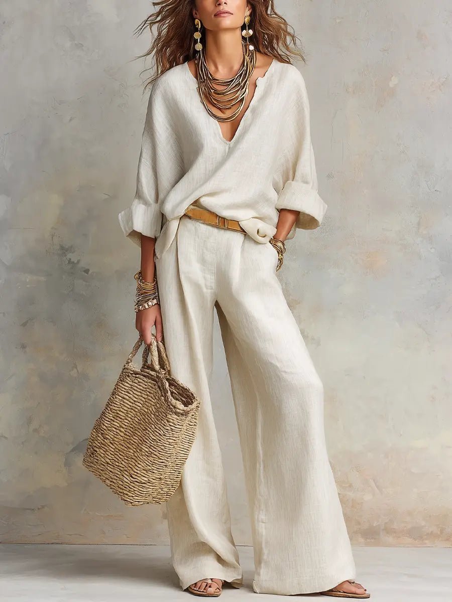 Harper | Women's Relaxed V-Neck Linen Two-Piece Wide Leg Pants Set White