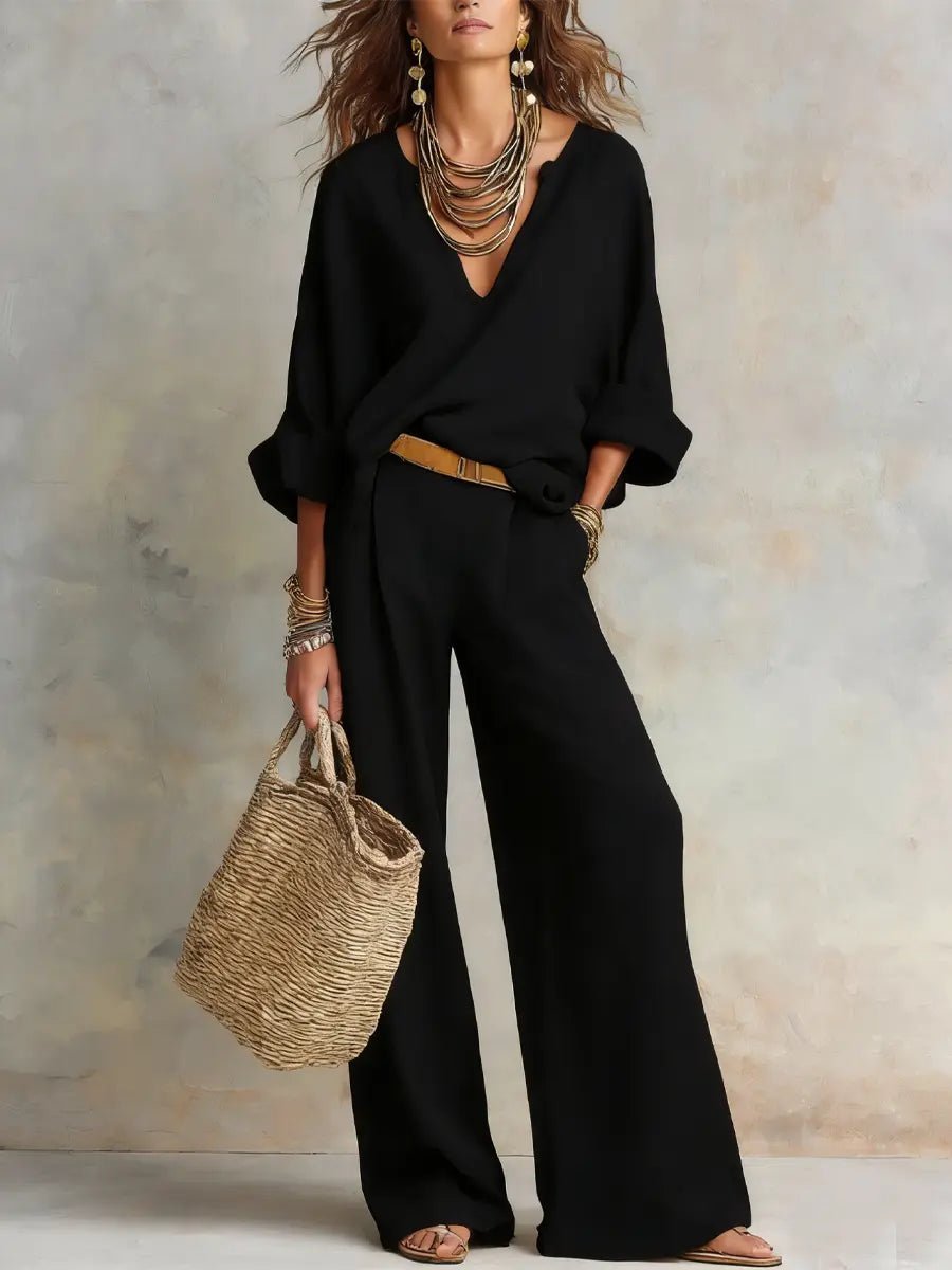 Harper | Women's Relaxed V-Neck Linen Two-Piece Wide Leg Pants Set Black