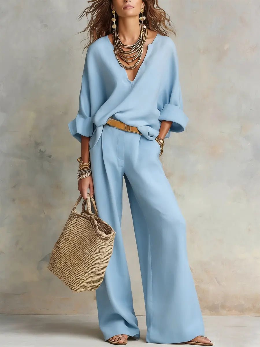 Harper | Women's Relaxed V-Neck Linen Two-Piece Wide Leg Pants Set Blue