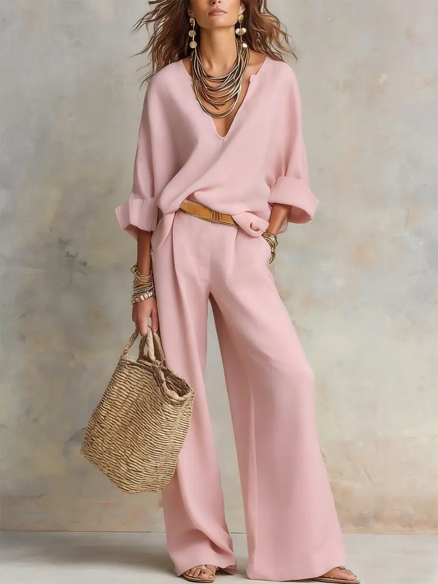 Harper | Women's Relaxed V-Neck Linen Two-Piece Wide Leg Pants Set Pink