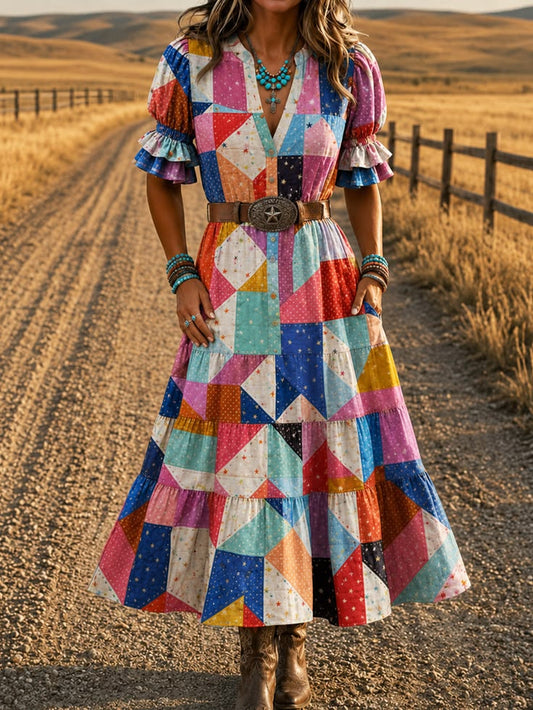 Women's Retro Art Print Washed Cotton Layered Patchwork Midi Dress As